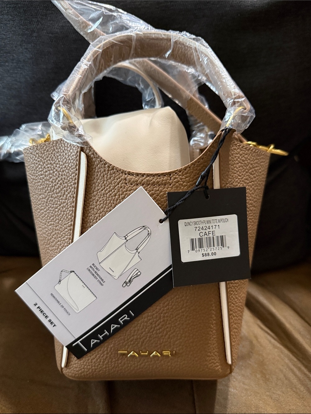 Tahari Cafe Brown Mini Tote with White Pouch